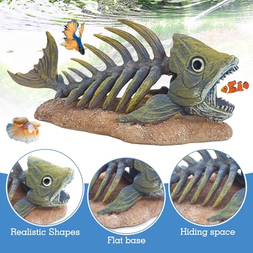 Image of kathson Fish Tank Decorations Resin Piranha Skeleton Aquarium Decor Reptile Tank Accessories Ornament Fish Bone Hideout for Shrimp Lizards Geckos Spiders
