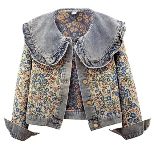 Xaspee Womens Peter Pan Collar Cropped Jean Jacket Embroidered Jacquard Long Sleeve Casual Floral Denim Jackets Coat Blue Medium