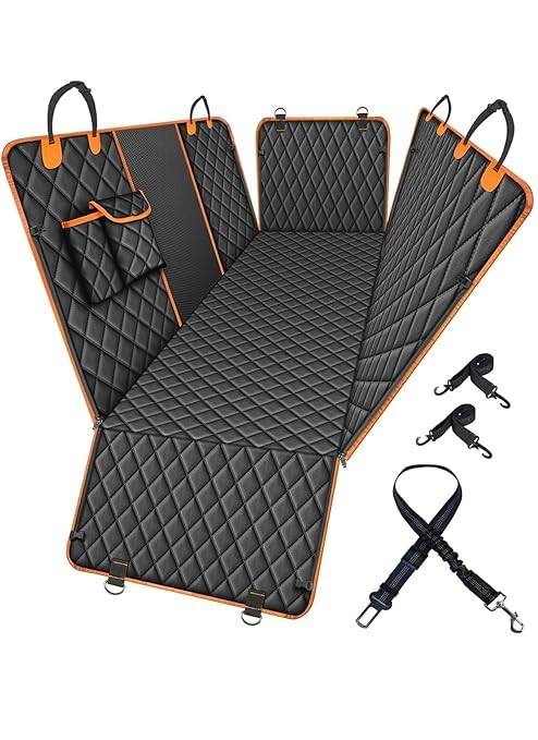 Image of Dog Seat Cover for Back Seat, 100% Waterproof with Mesh Window, Scratch Prevent Anti-Slip Dog Car Hammock, Standard (Orange, Mesh Window Hatchback Car seat Cover)