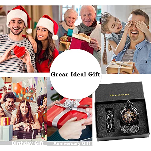 Image of Mens Pocket Watch Skeleton Mechanical Hand Winding Half Hunter Silver Black Golden Case Roman Numerals with Gift Box