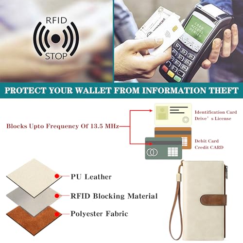 Image of GOIACII Large Wallet for Women Leather Wristlet Beige Brown