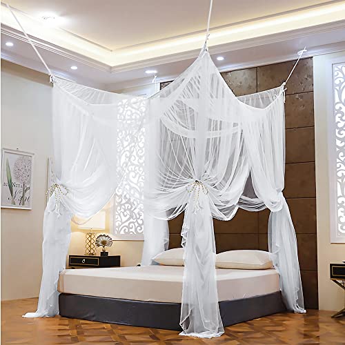 Biswing White Four Corner Post Curtains Bed Canopy, Mosquito Net Elegant Canopy Curtain, Netting Princess Bedroom Decoration for Girls & Adults, Fit for Full/Queen/King Size