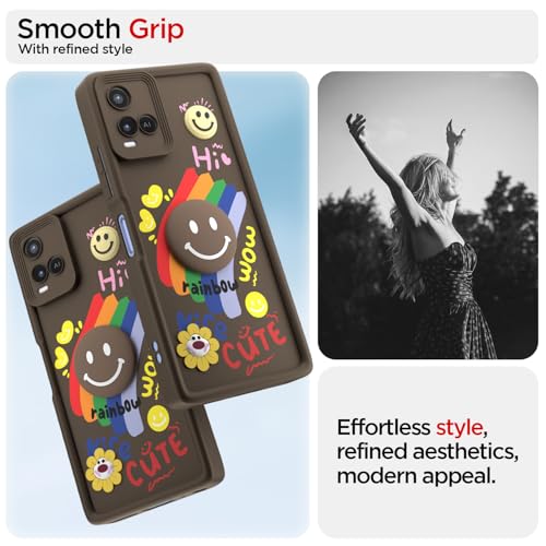 Image of Pikkme Back Cover for Vivo Y21 2021 / Y33s | Soft Silicone| Cute Rainbow Smile & 3D Cartoon Flower Design | Shockproof Raised Camera Protection Bumper Case (Brown)