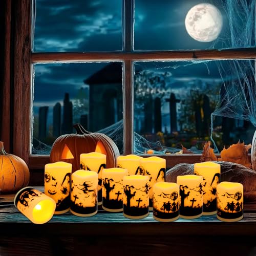 Image of fclayvts 12-Pack Halloween LED Flameless Pillar Candles - Battery Operated with Remote & Timer, Flickering Warm Light, Witch /Bats /Castle Decals - Spooky Halloween Decor, Ghost Party Supplies, Gifts