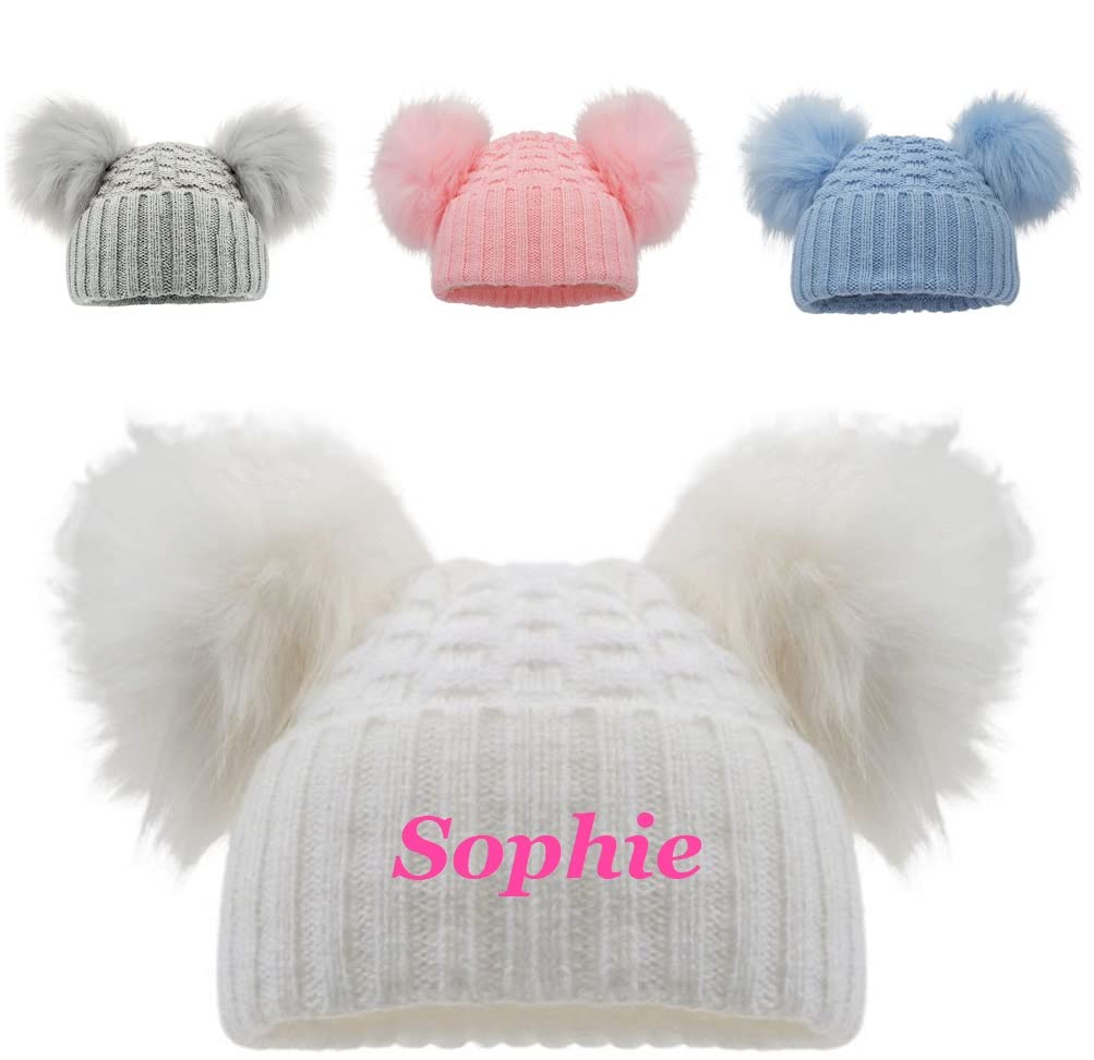 Teeny Buddens Baby Boys Girls Unisex Embroidered Personalised Checked Bobble Pompom hat Newborn-12 Months
