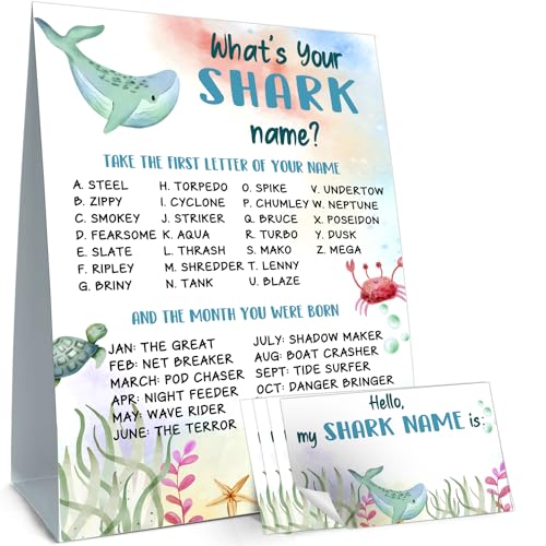 Cidobi What's Your Shark Name Game Set, 1 Shark Name Game Double Sided Sign, 30 Shark Name Stickers, Perfect for Friend Classroom Birthday Party Activities, Plays for 30 People