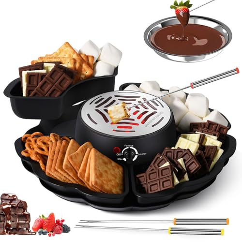 Fondue eléctrica con kit de tostado, 5 accesorios, 4 tenedores y bandejas desmontables para derretir chocolate, caramelo y queso