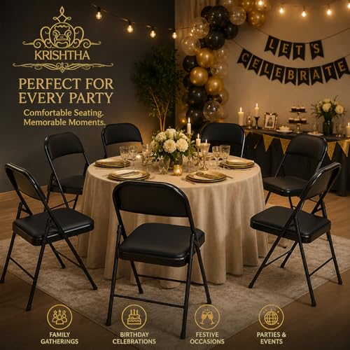 Image of Metal Folding Chair with Soft Cushioned Leatherette Seat | Foldable Chair for Home, Office, Study, Balcony, Kitchen & Restaurant | Space Saving Portable Steel Chair | Black