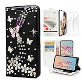 STENES Bling Wallet Case Compatible with OnePlus 7 Pro - Stylish - 3D Handmade S-Link Butterfly Floral Design Leather Case with Wrist Strap & Screen Protector [2 Pack] - Black