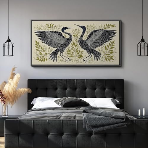 Image of MUDECOR Extra Large Framed Canvas Print Wall Art Modern Crane Birds with Green Botanical Antique Retro Ready to Hang Painting for Living Room Bedroom Multi-Sizes - 60 inchx30 inch