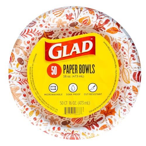 Glad Round Disposable Paper Bowls Happy Fall Design - Heavy Duty Soak-Proof Cut-Resistant Microwavable Paper Bowls for All Foods Daily Use and Fall Occasions 16 oz 50 Count