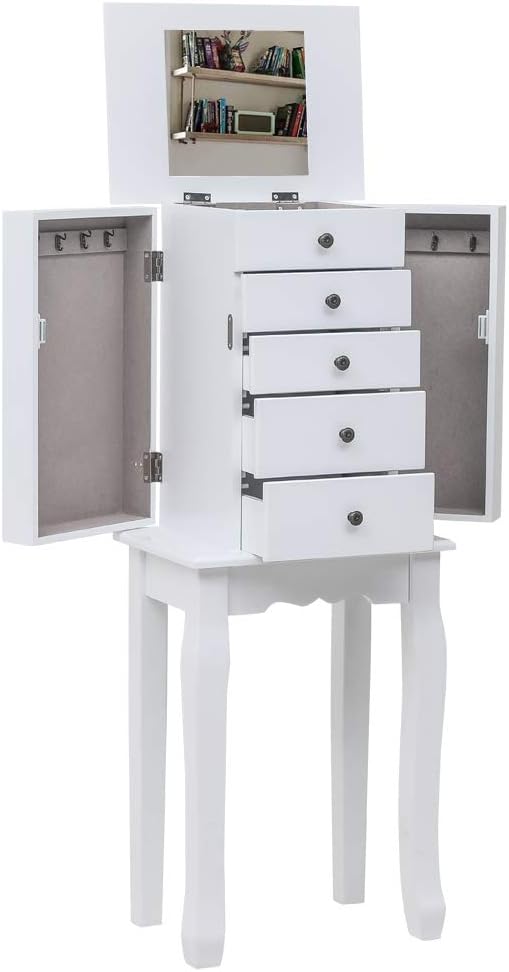 Standing Jewelry Armoire with Mirror, 5 Drawers & 2 Side Swing Doors with 8 Necklace Hooks, Jewelry Cabinet Chest with Top Storage Organizer, Jewelry Boxes for Women(White)