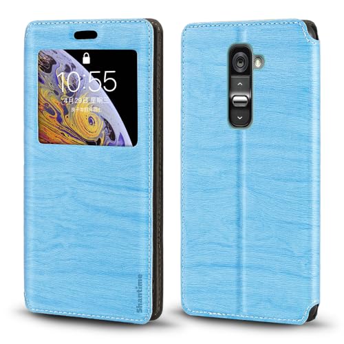 Shantime Viewable Window Leather Flip Case Compatible with LG G2, Elegant Design Clear Display Invisible Magnetic Cover and Card Slot(Sky Blue)