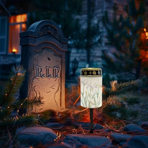 Image of White Flower Cemetery Solar Lights Water Resistant LED Flameless Candle Grave Lights Solar Powered Grave Decor Memorial Gift Outdoor Garden Decor Light for Prayer 2 Pcs