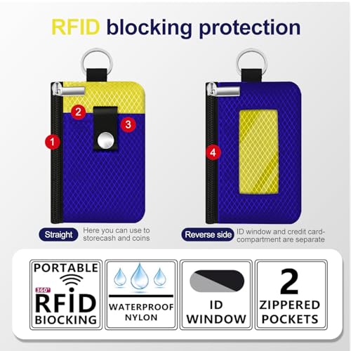 Image of Minimalist RFID Blocking Small Wallet with ID Window,WaterResistant Zip Id Case Wallet with Lanyard Keychain for Cards,Cash,Travel,Women,Men (Sapphire Blue /Lemon Yellow)