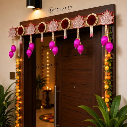 Image of Lotus Toran for Door | Pink Floral Beaded Door Hanging & Wall Decor | Toran for Pooja Mandir, Festivals, Weddings & Home | 38 Inches