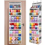 Hanging Yarn Storage Organizer with 5 Zipper Closure Compartments, Large Capacity Knitting Organizer Storage, Over the Door Hanging Knitting Yarn Holder for Crochet, Knitting Needles, Clear Grey