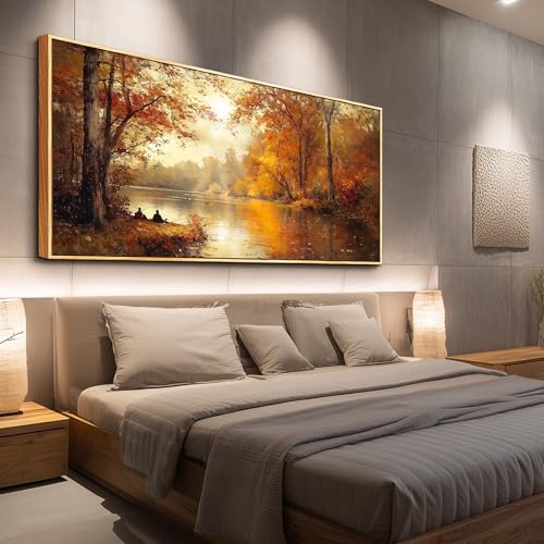 Image of FUHAIHUA Canvas Wall Art For Living Room Large Wall Decor For Office Modern Bedroom Decorations Saffron Yellow Tree Landscape Pictures Forest Paintings Artwork Ready To Hang Home Decor 32 inchx72 inch