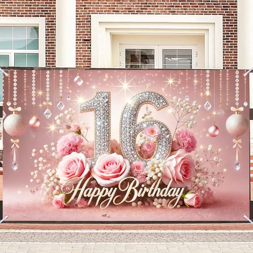 Image of Nuxovilar 16th Birthday Banner - Elegant Pink & Gold Floral Backdrop | with Glitter inch16 inch Sign, 71x43 Inch Large Party Decor for Women & Men, Reusable Indoor /Outdoor Hanging