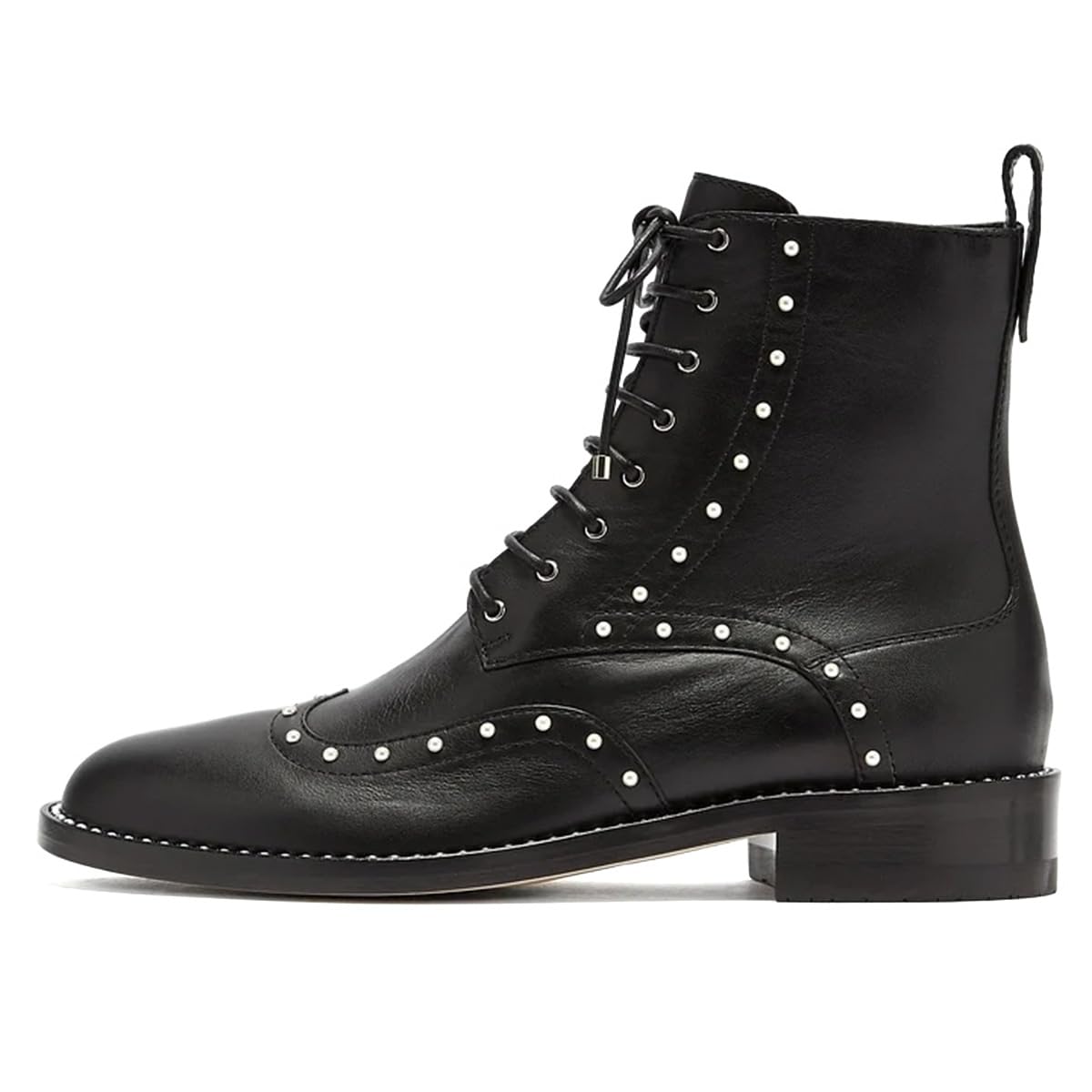 Pazzion Womens Round Toe Pearls Beaded Low Chunky Heel Combat Boots Lace Up Zippers Ankle Booties Casual Party