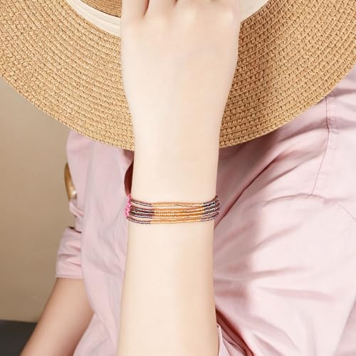 Image of KELITCH Shell Beaded Bracelets Multi Strands Bracelets Adjustable Bohemian Style Charm Bangles (Pink 1D)