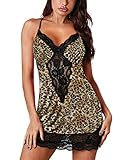 BLMFAION Women Sexy Lace Trim Satin Nightie Babydoll Silk Sleep Lingerie Nightgown Dolldress Set (AA