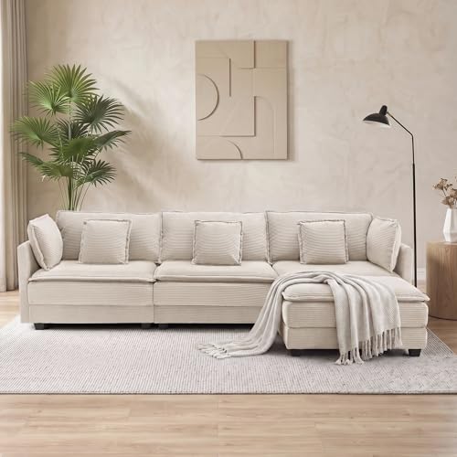 Image of Corduroy Sectional Couch, 3 Seater 113 inch L Shaped Cloud Couch with Ottoman, Modular Deep Seat Sofa with Pillows for Living Room, Apartment, Beige