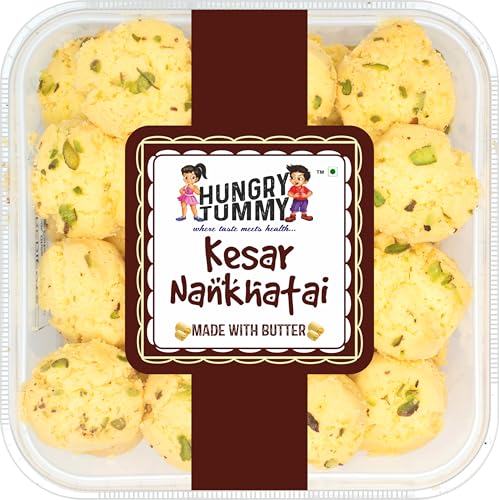 Image of Hungry Tummy Kesar Nankhatai | Desi Ghee Cookies | Traditional Indian Shortbread Biscuits | Crunchy & Melt-in-Mouth | Handmade Tea Time Snack | (Pack of 250g)