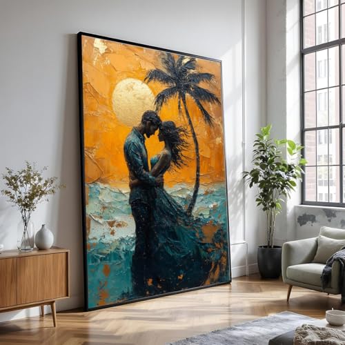 Toile couple amoureux coucher de soleil 80x110 cm tableau plage grand format