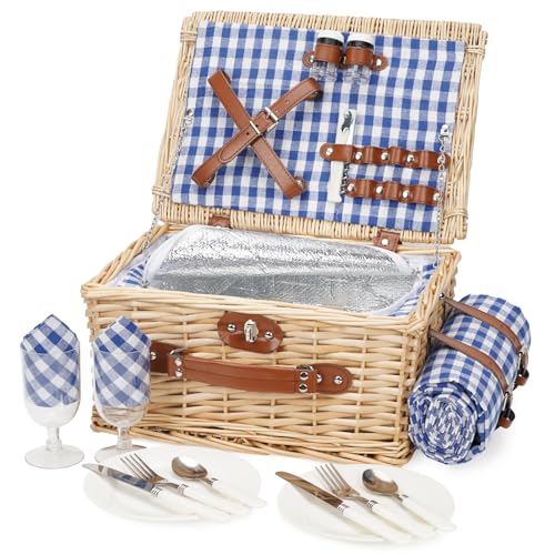 Picknickkorb für 2 Personen, Picknickkorb-Set mit Kühlfach und wasserdichte Picknickdecke, Besteck Set, Handgefertigtes Weidenkorb Picknick Korb Geschenk für Camping, Strand, Wandern (BlauCheck)