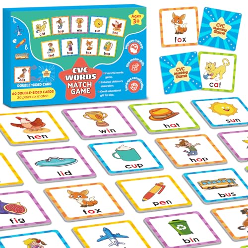 CVC Word Games Kindergarten, Memory Games for Kids Ages 4-8 & Matching Games for Toddlers 3-5, 60 PCS Phonics Games Flash Cards, Educational Toys Homeschool Supplies for Boys and Girls