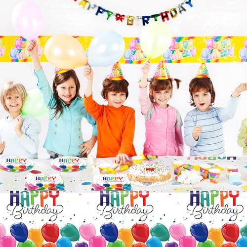 Image of 41PCS Happy Birthday Decorations Colorful Birthday Themed Decorations Includes Disposable Paper Plates and Napkins,Tablecloth for Kids' Boys Girls Baby Shower