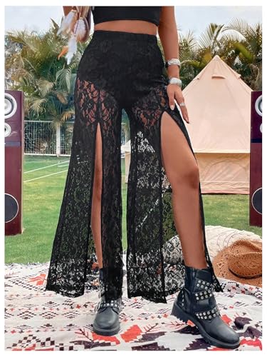 SweatyRocks Women's Split Lace Pants Gothic Grunge See Through Wide Leg Trousers Bell Bottoms3