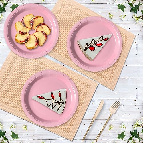 Image of Pink Disposable Paper Plates, 7 Inch Dessert Cake Plates, 50 Count Bulk | Sturdy and Durable Party Plates, for Birthday, Baby & Bridal Showers, Halloween, Christmas,BBQ, Weddings,for Cake & Snacks