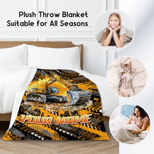 Mercuryelf Kids Blanket for Boys Personalized Excavator Blankets Gifts - 4 Sizes Cozy Flannel Throw for Toddler