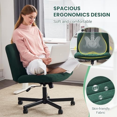 Miniatura 5 de Silla de escritorio verde con ruedas, asiento cruzado para el hogar, silla de computadora de oficina sin brazos anchos, silla de tocador lateral