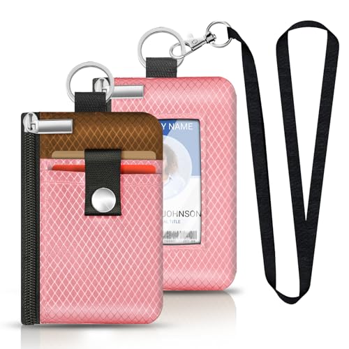 Image of Minimalist RFID Blocking Small Wallet with ID Window,WaterResistant Zip Id Case Wallet with Lanyard Keychain for Cards,Cash,Travel,Women,Men (Pink /Brown)