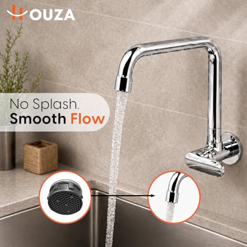 Image of HOUZA Brass Kitchen Sink Tap Faucet | Kitchen Tap with 360 Degree Flexible Swivel Spout | Water Saving Aerated Flow Kitchen Faucet for Sink (Chrome Finish, Silver)