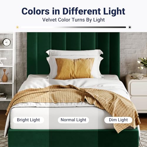 Image of Allewie Twin Bed Frame /Velvet Upholstered Bed Frame with Vertical Channel Tufted Headboard /Strong Wooden Slats /Platform Bed Frame /Mattress Foundation /Box Spring Optional /Easy Assembly /Green