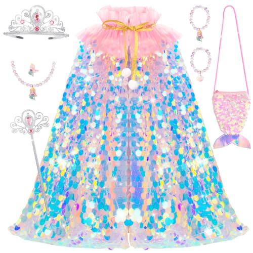 Meland Princess Dress Up for Girls 3-8, 11Pcs Mermaid Cape with Crown, Dress Up Clothes Birthday Gift Toys for Girls Toddlers
