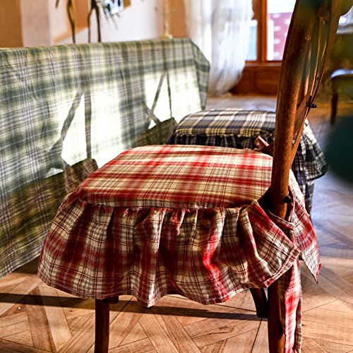 Plaid Ruffled Chair Cushion With Ties Country Style Tartan Kitchen Dining Chair Pad Super Soft Seat Cushion With Removable Cotton Cover (Red,17"X18") #TOP1
