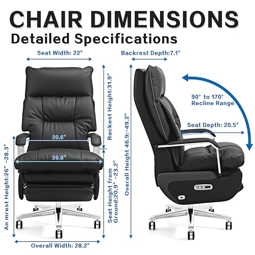 Image of Dual Motor Executive Office Chair with Footrest, One-Touch Reset, 170 Reclining Wide Seat Ergonomic Leather Desk Chair, 450LBS Big and Tall for Home&Office (Black)