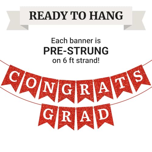 Image of Pre-Strung Congrats Grad Banner - Red Glitter Graduation Party Banner