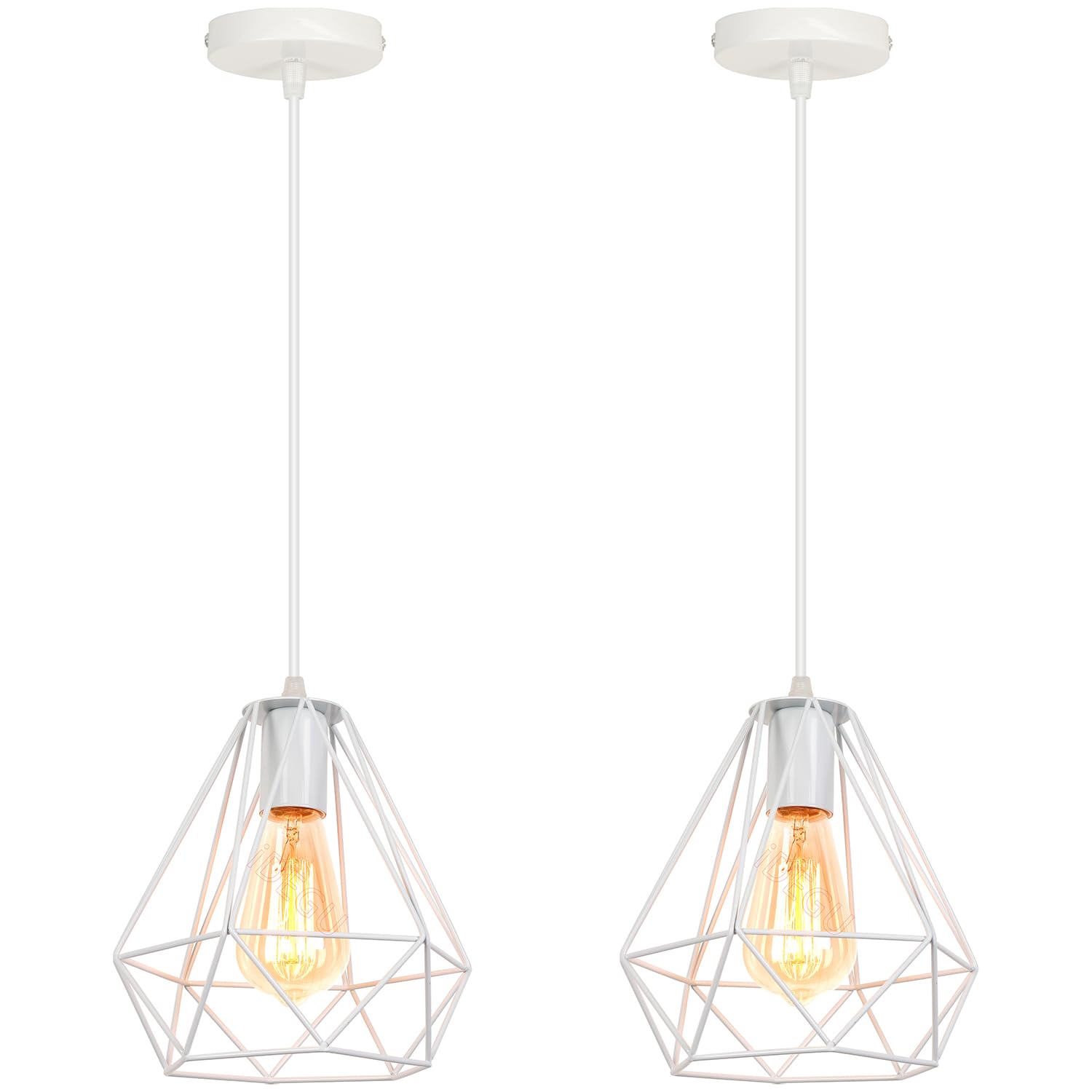 iDEGU Lot de 2 Suspensions Luminaires Moderne 20cm Éclairage de Plafond E27 Lustre Industriel en Métal Abat-jour Luminaire Design Cage Suspension Vintage pour Chambre Cuisine Café Restaurent (Blanc)