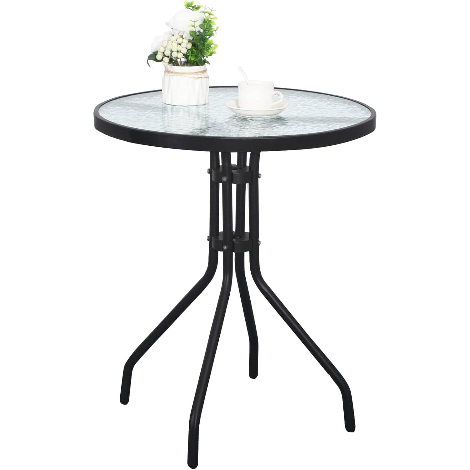 Gartentisch Rund 60 cm Schwarz Sicherheitsglas Balkon Outdoor | Pulverbeschichteter Stahl, UV-beständig, rutschfest, wetterfest, stylisch, pflegeleicht