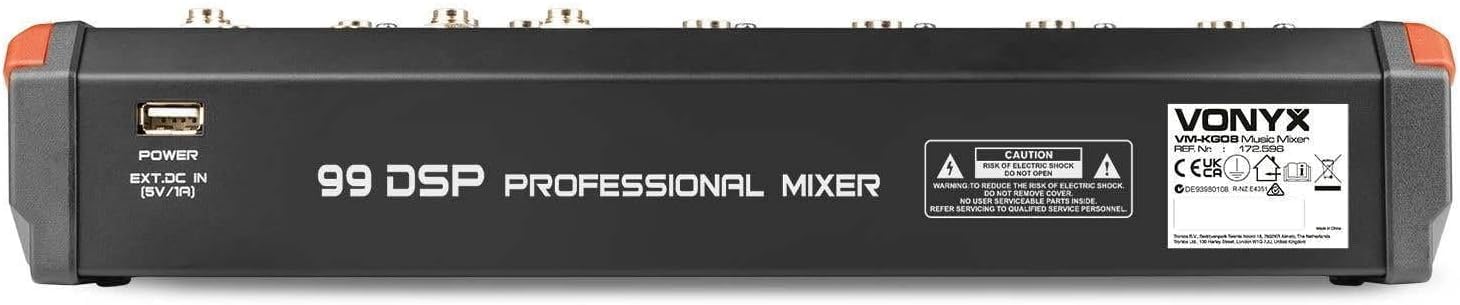 Vonyx VM-KG08 Console de Mixage 8 Canaux - Avec Bluetooth, Lecteur MP3, Interface Audio USB, Processeur de Son, Alimentation Fantôme, Écran LED, Idéal pour les Bars, Petite Salles de Concerts