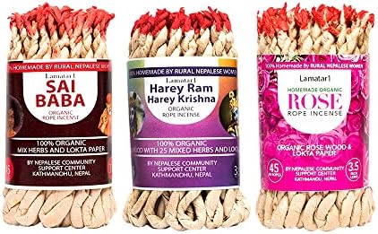 Lamatar1 Tibetan Rope Incense, Rose, Sai Baba, Harey Ram Harey Krishna, Hand Made, Organic, from Kathmandu Nepal, for Air Purification, Calmness, Attract Love, Aromatic, Natural, Set of 3, 135 Ropes