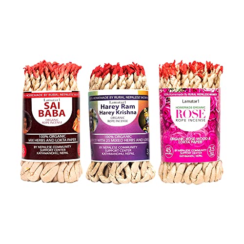 Lamatar1 Tibetan Rope Incense, Rose, Sai Baba, Harey Ram Harey Krishna, Hand Made, Organic, From Kathmandu Nepal, For Air Purification, Calmness, Attract Love, Aromatic, Natural, Set Of 3, 135 Ropes #TOP6