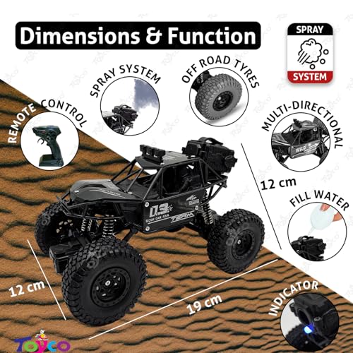 Image of toyco Alloy Rock Crawler - Rechargeable Remote Control Car Toy with LED Smoke Effect and Anti-Slip Tyres| 1:18 Scale | Off-Road RC 2WD Monster Truck Gift for Kids Boys and Girls Age 4-12+ (Black)