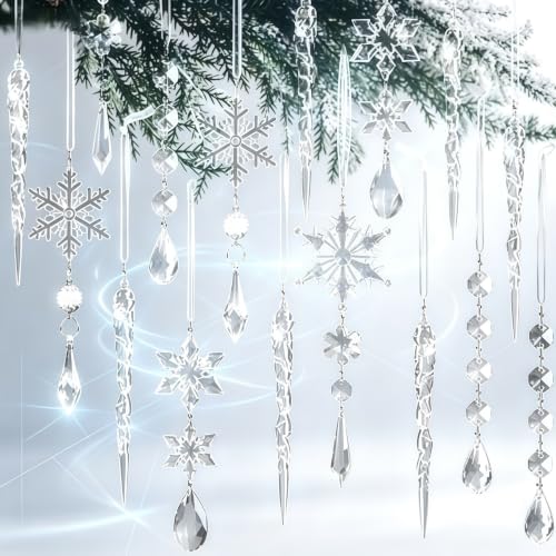 18Pcs Iridescent Crystal Frozen Ornaments, Rainbow Acrylic Snowflake Icicle Hanging Decor for Christmas Tree & Birthday Party